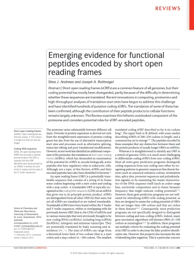 Preview of Emerging evidence for functional peptides encoded by short open reading frames