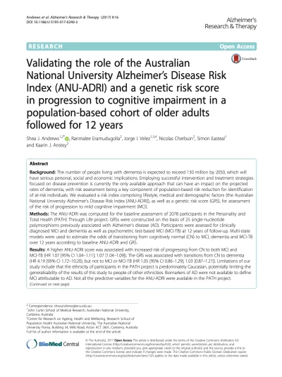 Preview of Validating the role of the Australian National University Alzheimer’s Disease Risk Index (ANU-ADRI) and a genetic risk score in progression to cognitive impairment in a population-based cohort of older adults followed for 12 years