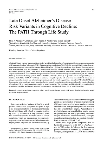 Preview of Late Onset Alzheimer’s Disease Risk Variants in Cognitive Decline: The PATH Through Life Study