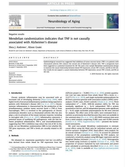 Preview of Mendelian randomization indicates that TNF is not causally associated with Alzheimer’s disease