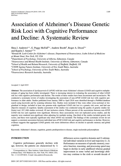 Preview of Association of Alzheimer’s Disease Genetic Risk Loci with Cognitive Performance and Decline: A Systematic Review