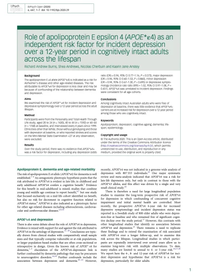 Preview of Role of apolipoprotein E epsilon 4 (APOE*ε4) as an independent risk factor for incident depression over a 12-year period in cognitively intact adults across the lifespan