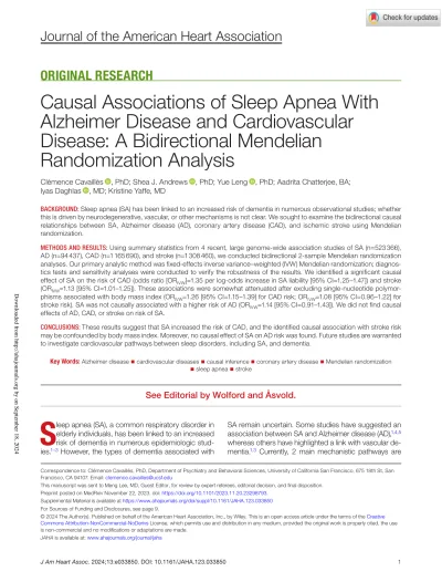 Preview of Causal Associations of Sleep Apnea With Alzheimer Disease and Cardiovascular Disease: A Bidirectional Mendelian Randomization Analysis