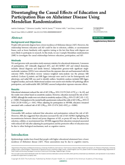 Preview of Disentangling the Causal Effects of Education and Participation Bias on Alzheimer Disease Using Mendelian Randomization
