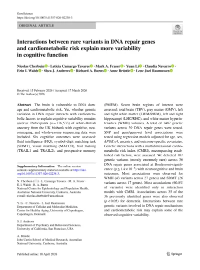 Preview of Interactions between rare variants in DNA repair genes and cardiometabolic risk explain more variability in cognitive function