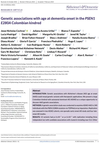 Preview of Genetic associations with age at dementia onset in the PSEN1 E280A Colombian kindred