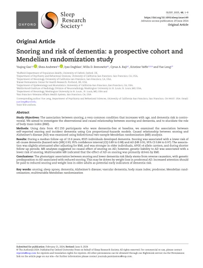 Preview of Snoring and risk of dementia: a prospective cohort and Mendelian randomization study