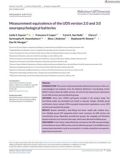 Preview of Measurement equivalence of the UDS version 2.0 and 3.0 neuropsychological batteries