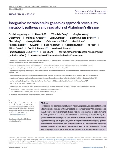 Preview of Integrative metabolomics‐genomics approach reveals key metabolic pathways and regulators of Alzheimer’s disease