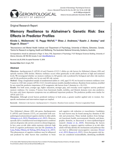 Preview of Memory Resilience to Alzheimer’s Genetic Risk: Sex Effects in Predictor Profiles