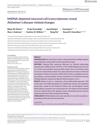 Preview of MtDNA‐depleted neuronal cell transcriptomes reveal Alzheimer’s disease‐related changes