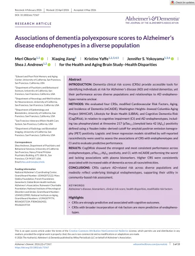 Preview of Associations of dementia polyexposure scores to Alzheimer’s disease endophenotypes in a diverse population