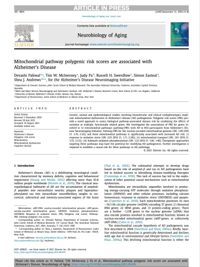 Preview of Mitochondrial pathway polygenic risk scores are associated with Alzheimer’s Disease