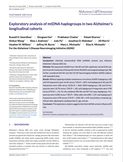 Preview of Exploratory analysis of mtDNA haplogroups in two Alzheimer’s longitudinal cohorts