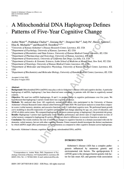 Preview of A Mitochondrial DNA Haplogroup Defines Patterns of Five-Year Cognitive Change