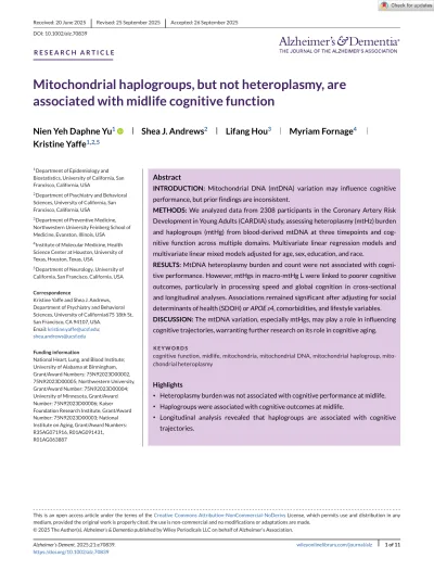 Preview of Mitochondrial haplogroups, but not heteroplasmy, are associated with midlife cognitive function